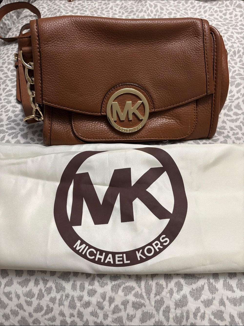 Michael Kors Tan Pebbled Leather Crossbody with Gold MK Emblem
